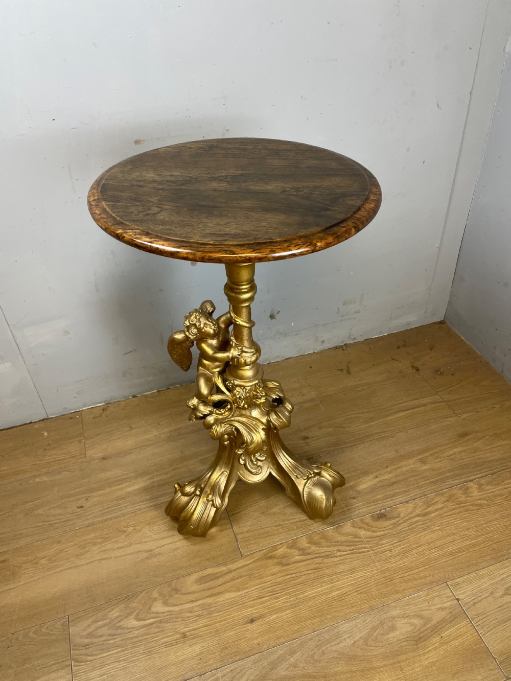 Late C19TH carved giltwood tripod table with faux rosewood top 