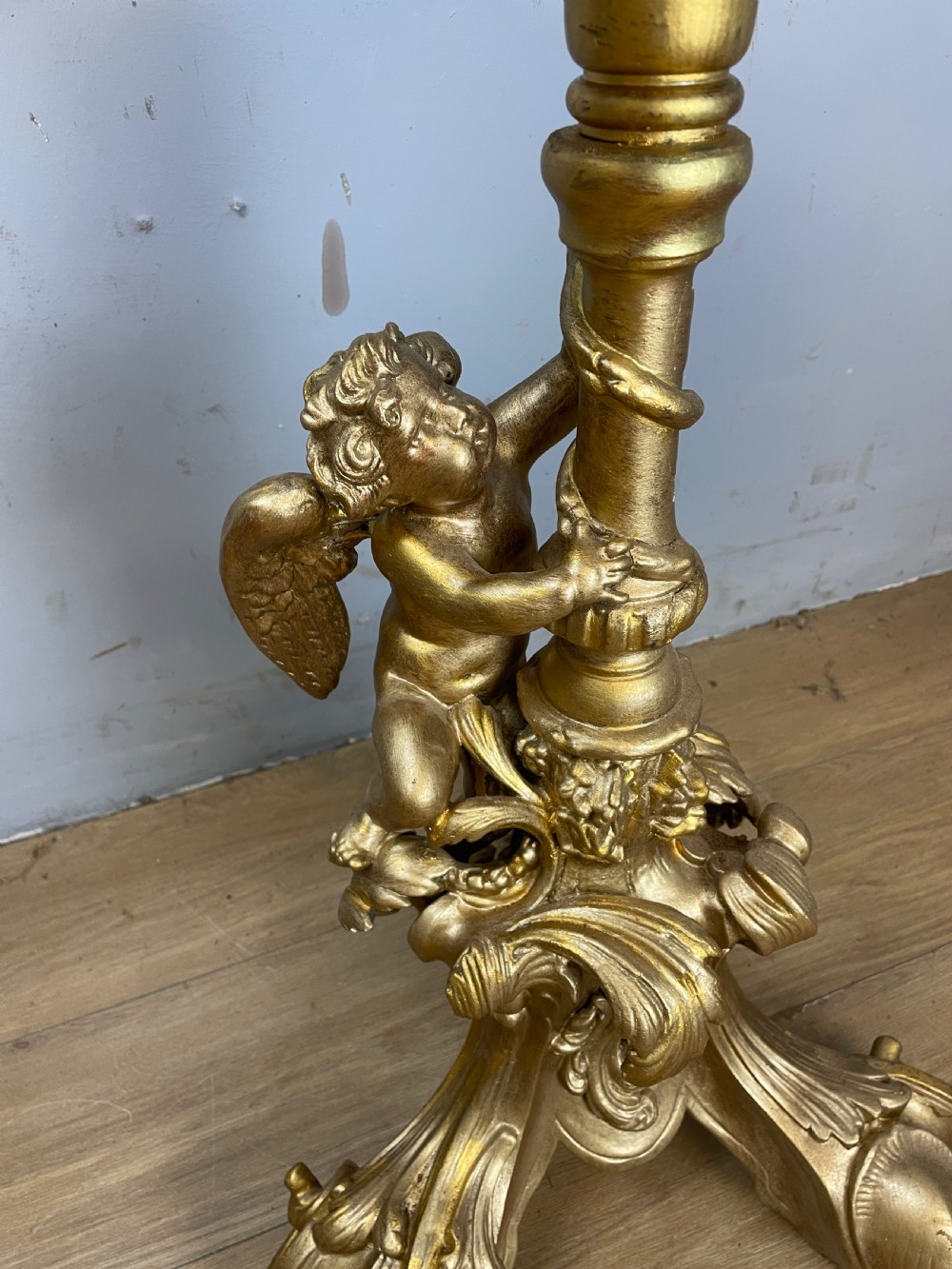 Late C19TH carved giltwood tripod table with faux rosewood top  View II