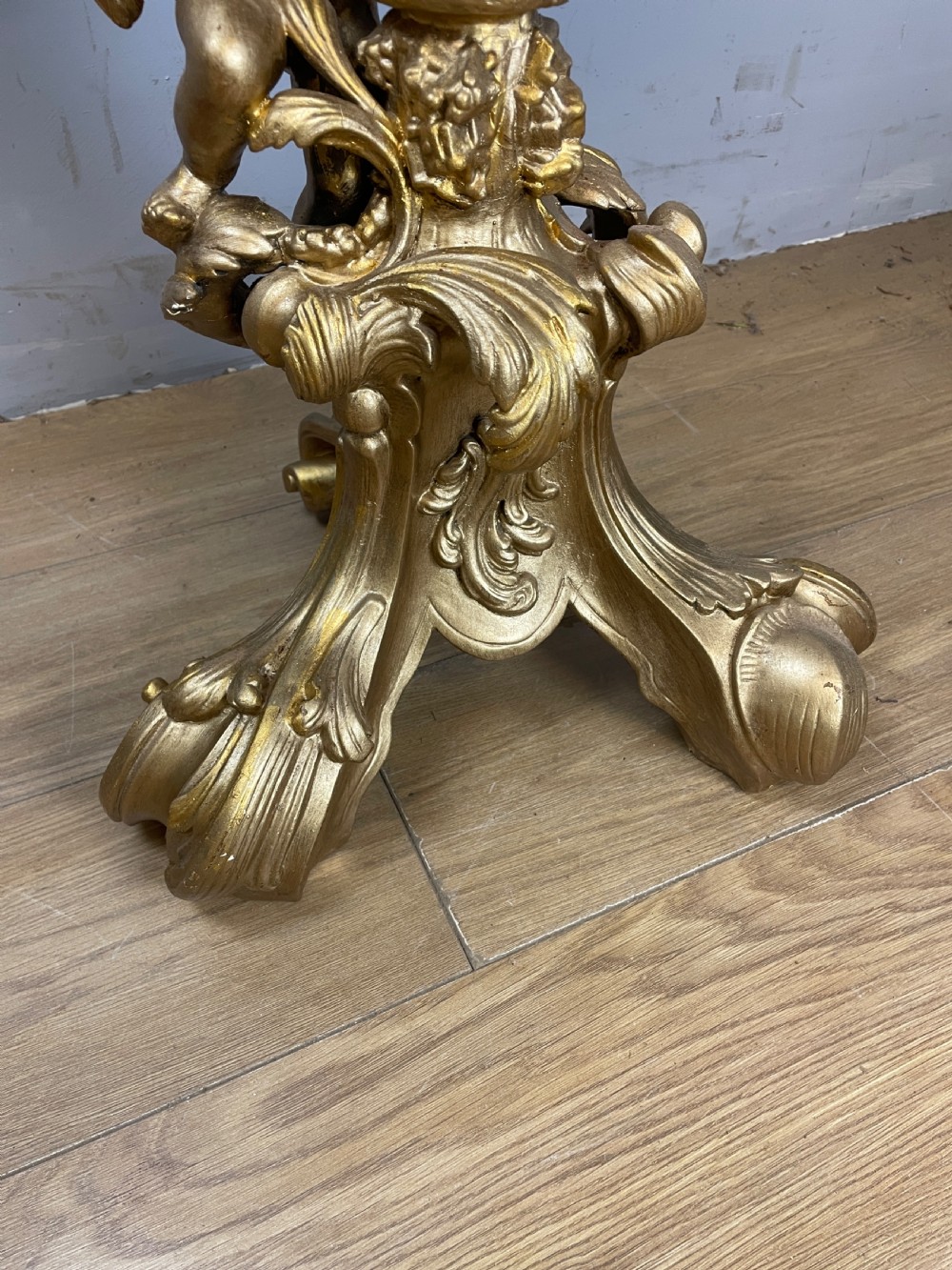 Late C19TH carved giltwood tripod table with faux rosewood top  View V