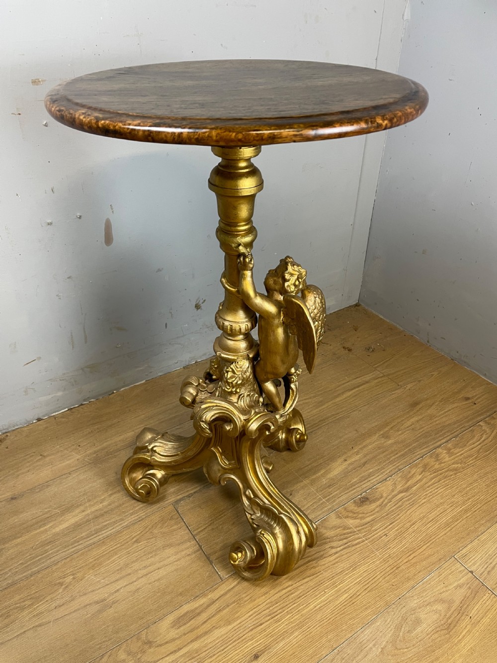 Late C19TH carved giltwood tripod table with faux rosewood top  View X