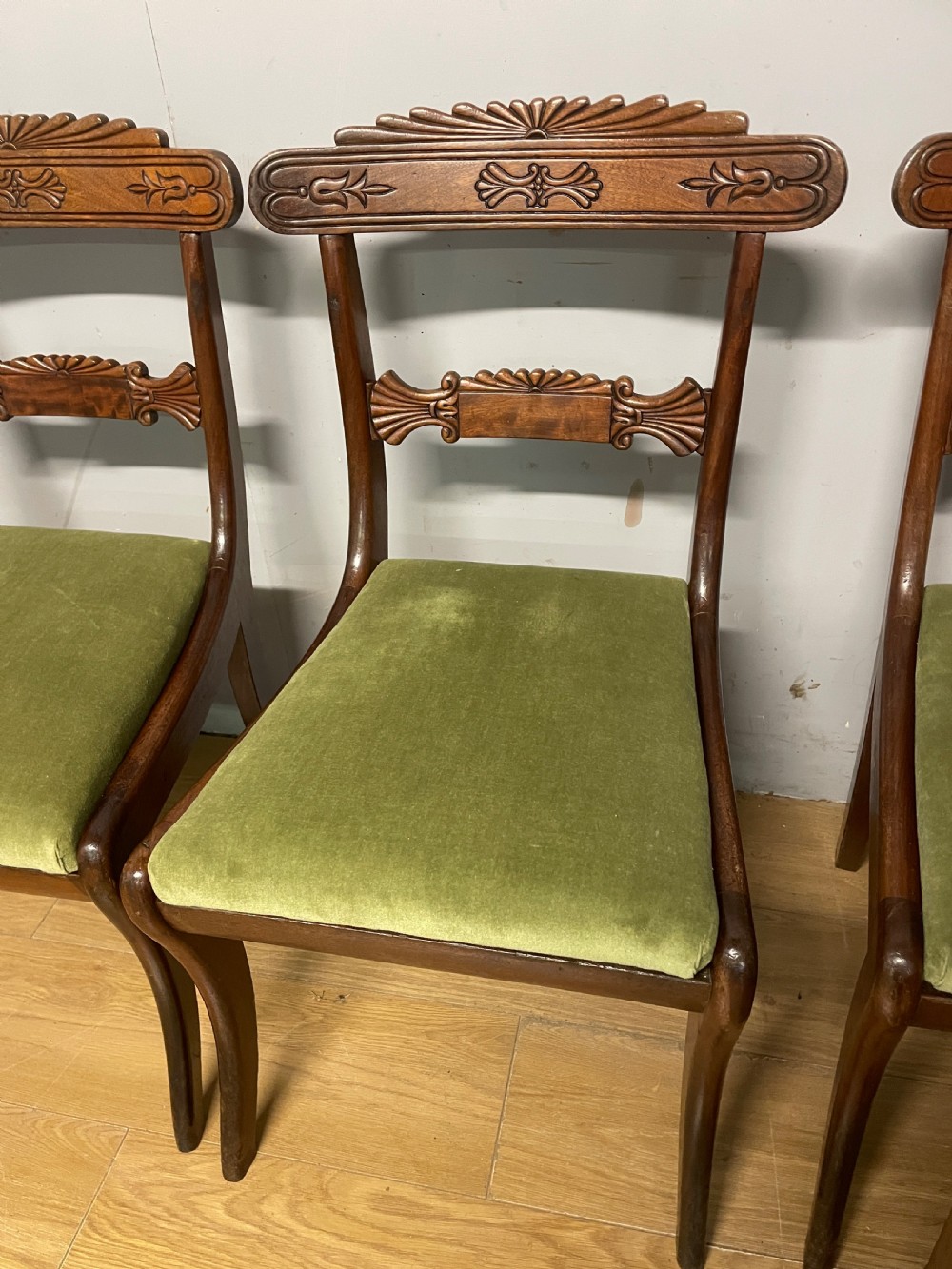Set of 6 regency mahogany sabre legged dining chairs  View X