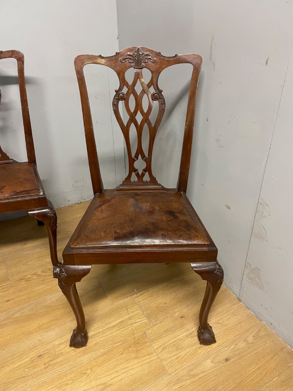 Set of four solid mahogany Queen Anne style dining chairs circa 1890 View III