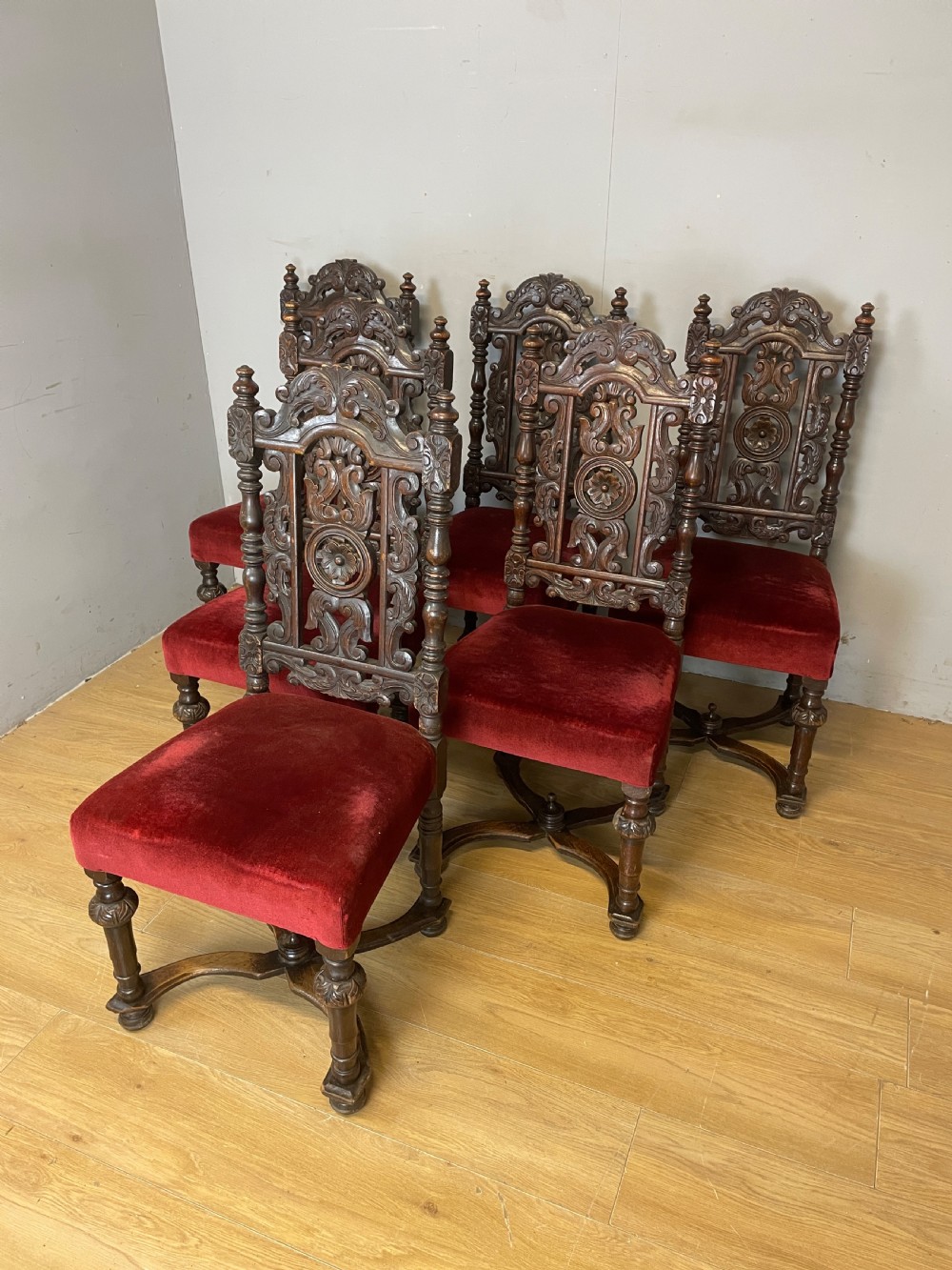 Set of six solid carved oak Jacobean style dining chairs circa 1880