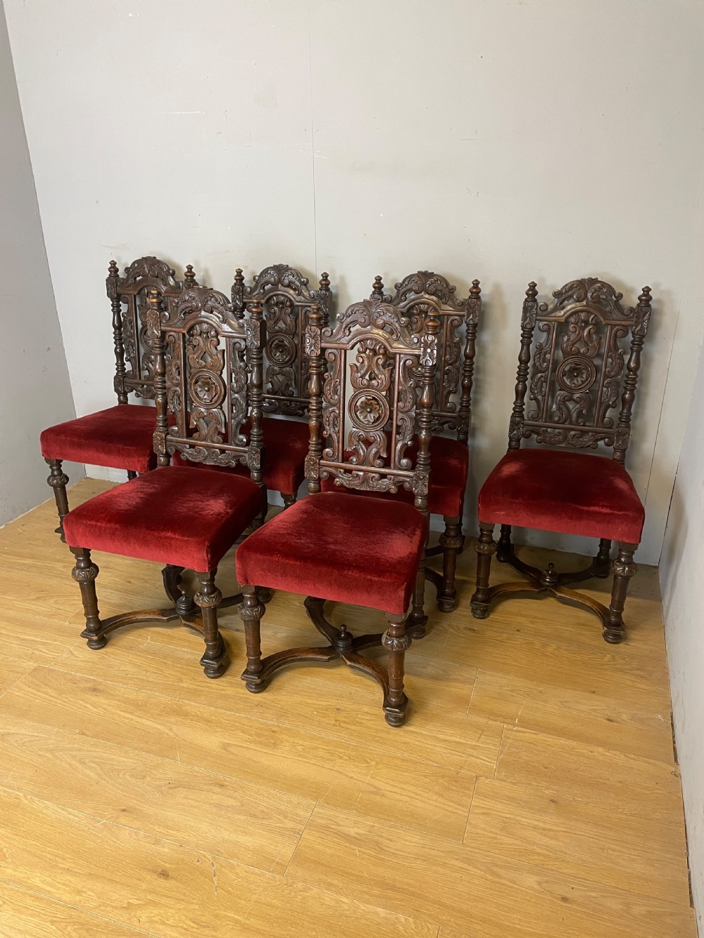 Set of six solid carved oak Jacobean style dining chairs circa 1880 View II