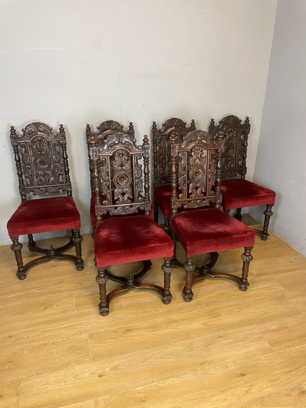Set of six solid carved oak Jacobean style dining chairs circa 1880 View III