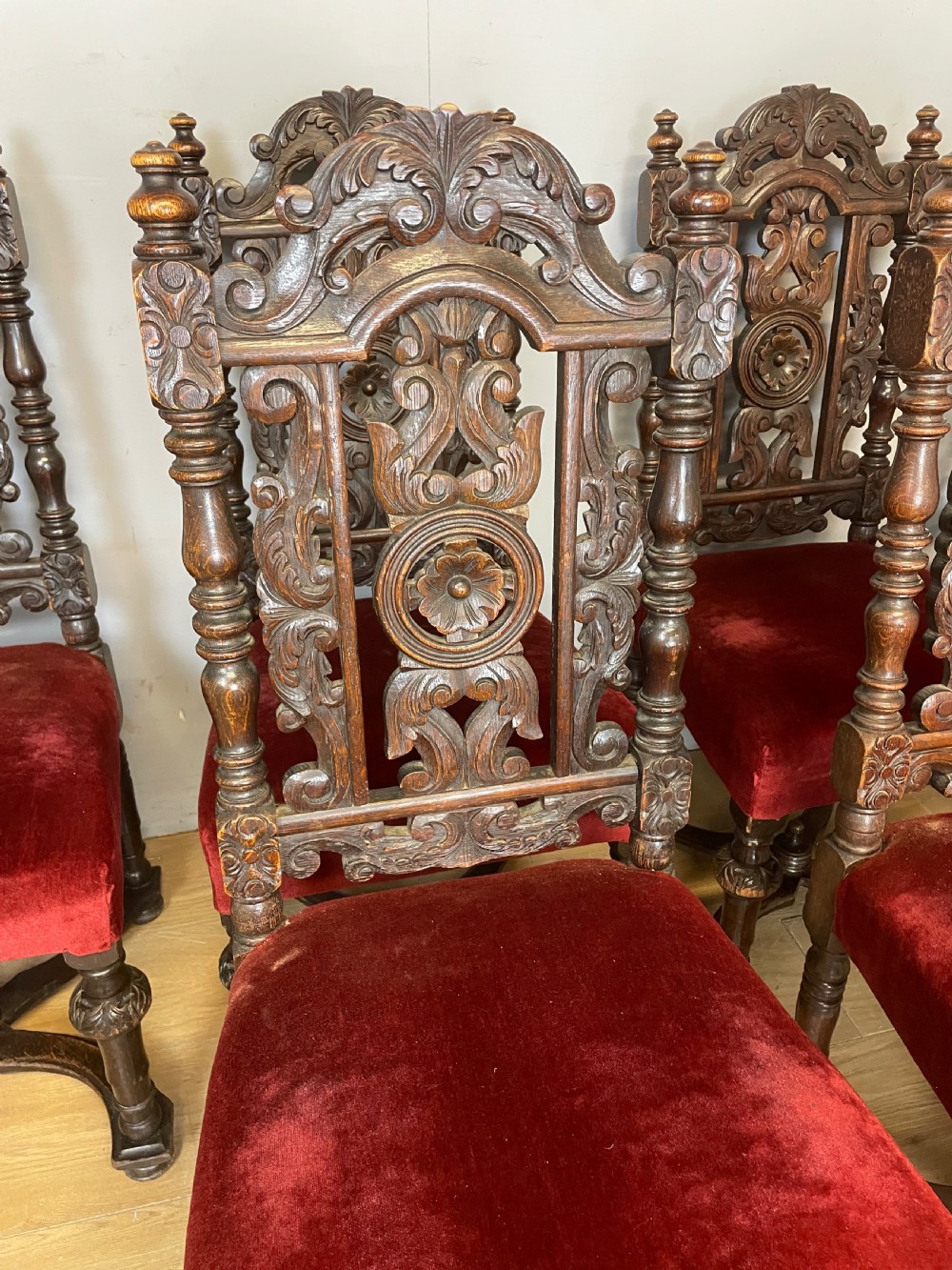 Set of six solid carved oak Jacobean style dining chairs circa 1880 View IV