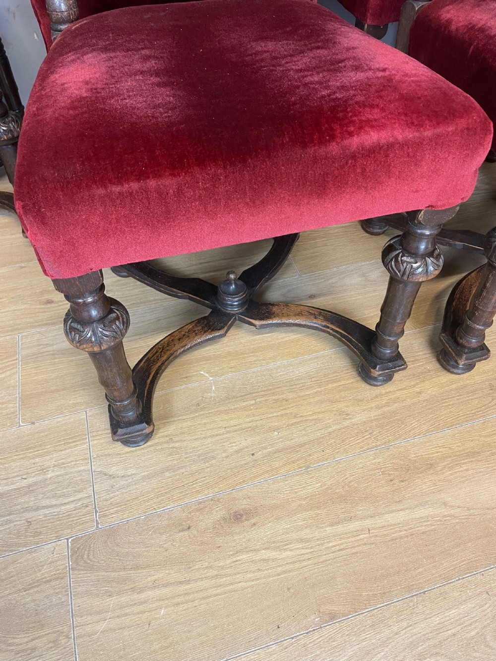 Set of six solid carved oak Jacobean style dining chairs circa 1880 View V