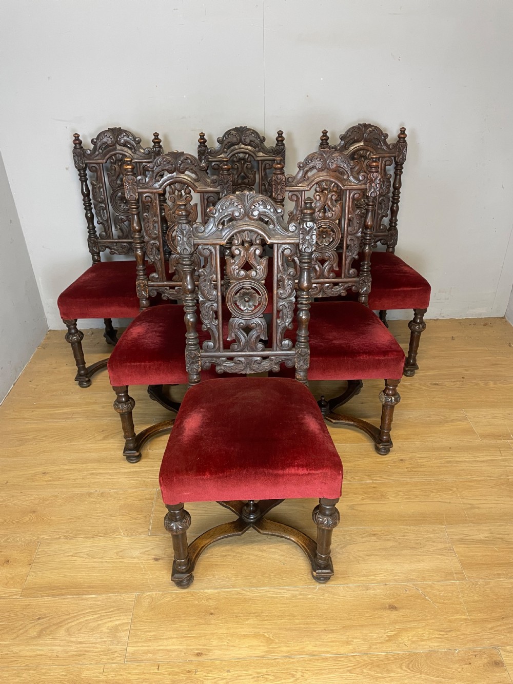 Set of six solid carved oak Jacobean style dining chairs circa 1880 View VI