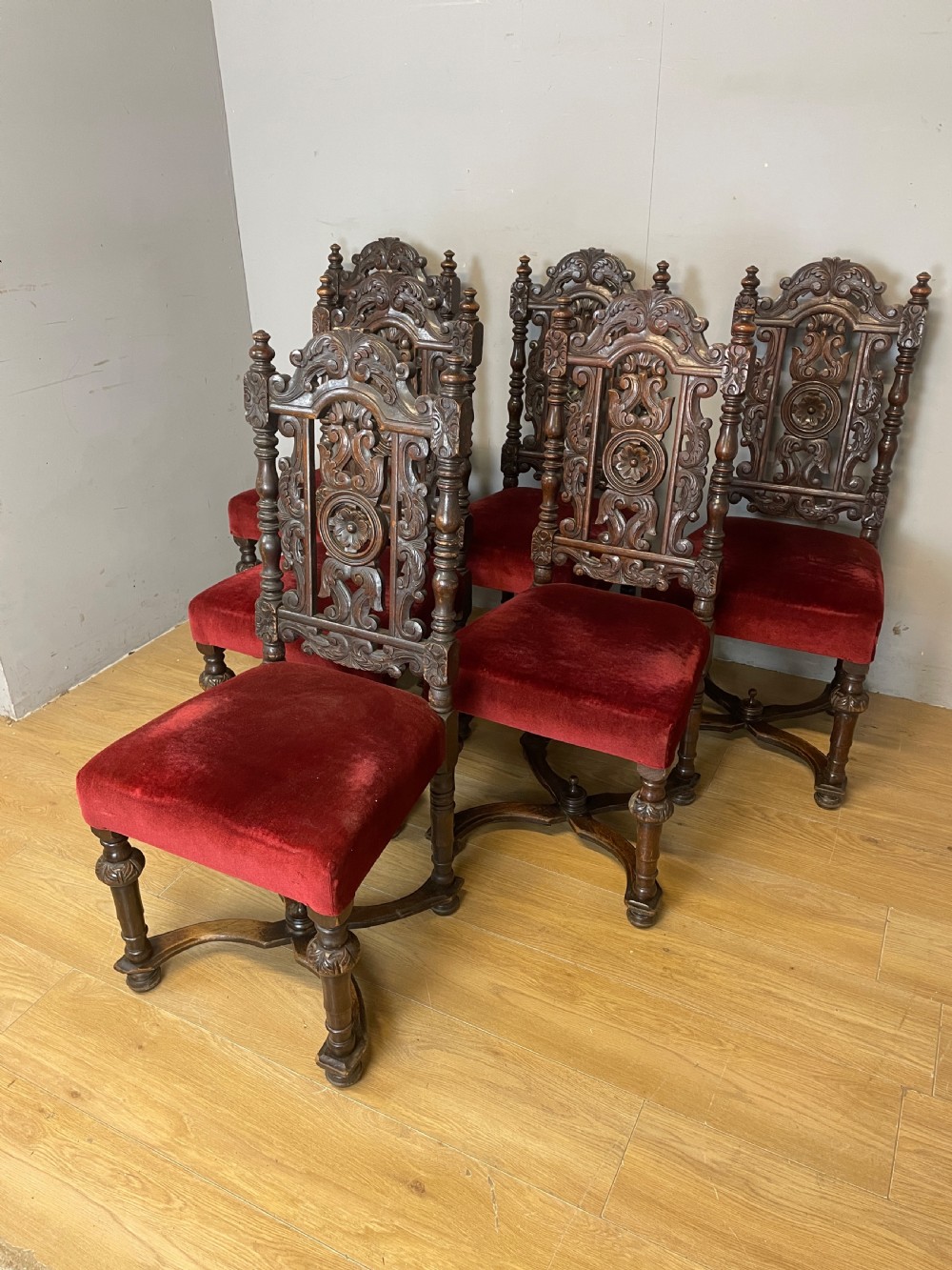 Set of six solid carved oak Jacobean style dining chairs circa 1880 View VII