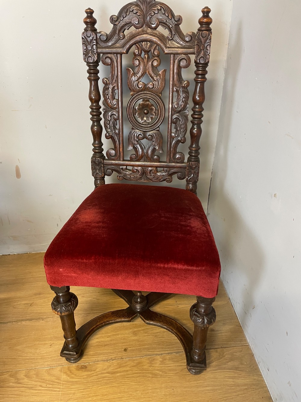 Set of six solid carved oak Jacobean style dining chairs circa 1880 View VIII