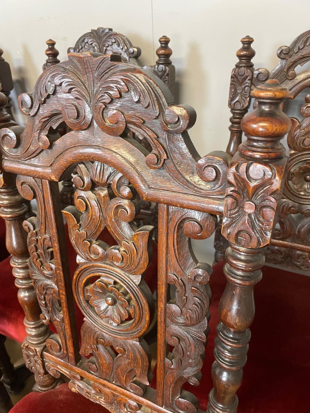 Set of six solid carved oak Jacobean style dining chairs circa 1880 View X