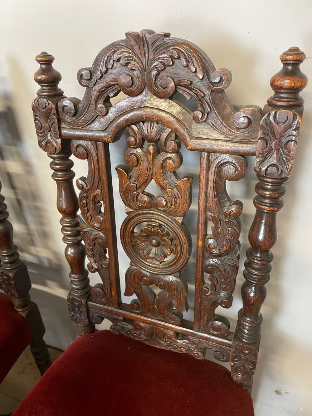 Set of six solid carved oak Jacobean style dining chairs circa 1880 View XI