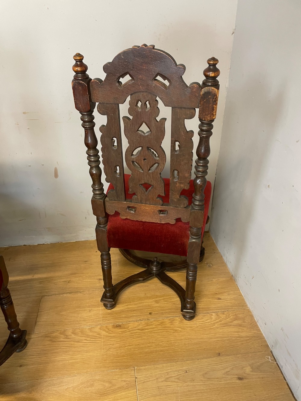 Set of six solid carved oak Jacobean style dining chairs circa 1880 View XII