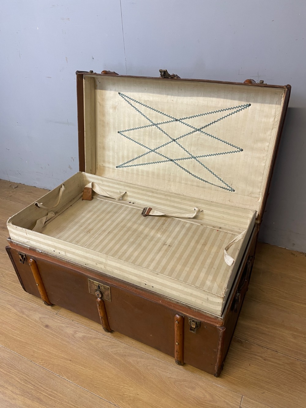 Early C20th wooden bound steamer trunk  View IX