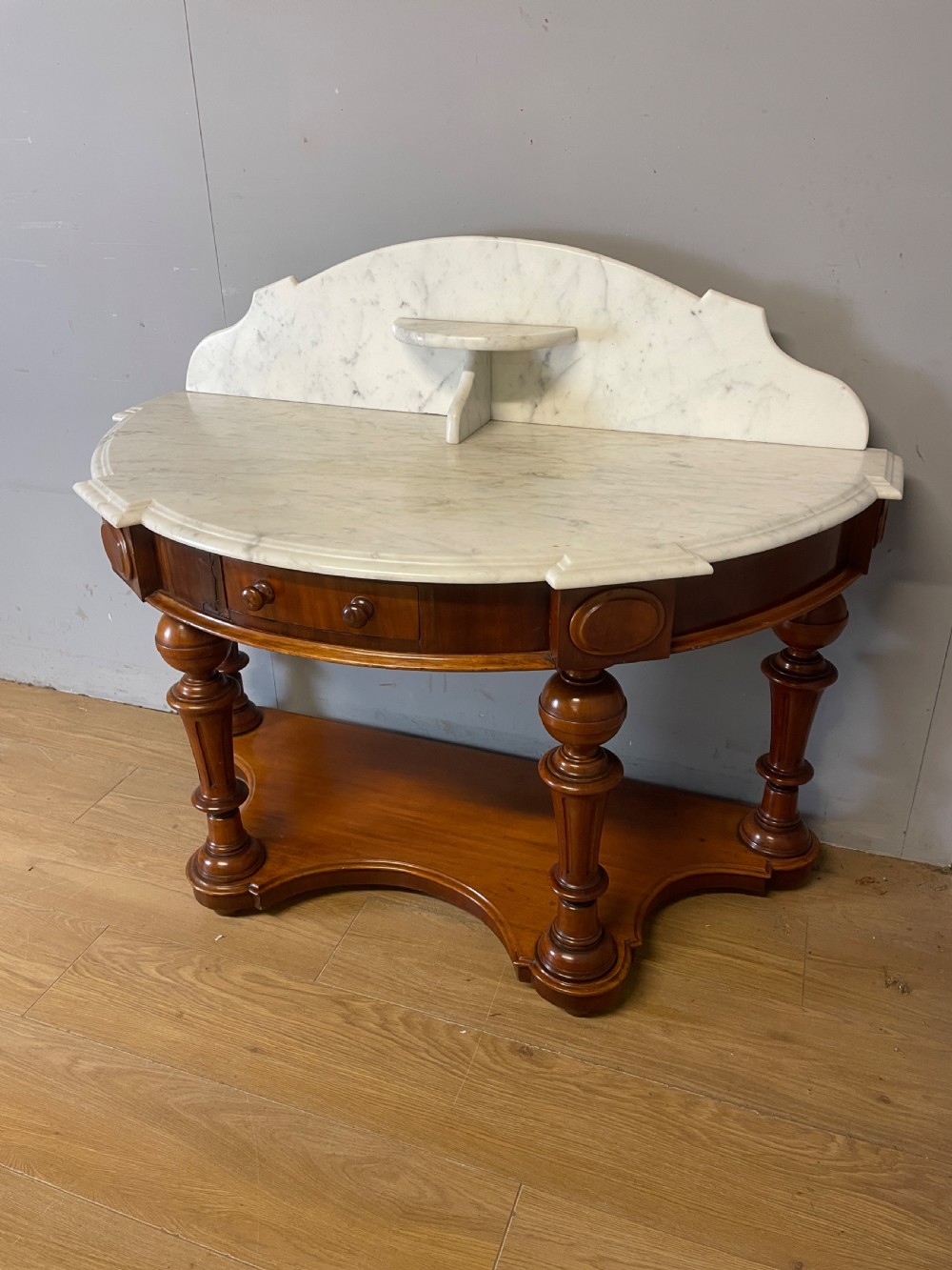 C19TH mahogany demi lune washstand with Carrara marble top View II