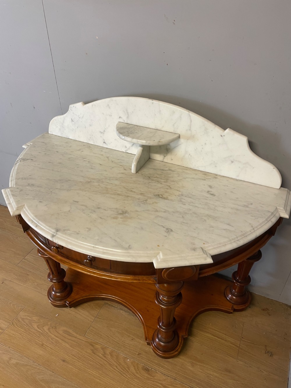 C19TH mahogany demi lune washstand with Carrara marble top View III