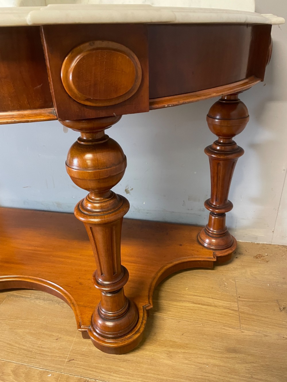 C19TH mahogany demi lune washstand with Carrara marble top View IV
