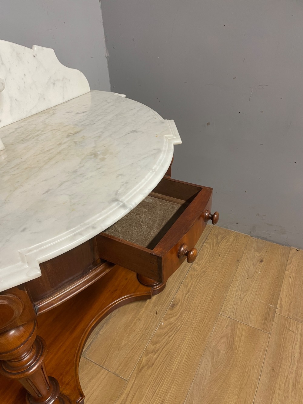 C19TH mahogany demi lune washstand with Carrara marble top View VI