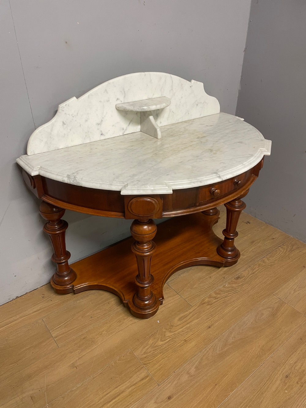 C19TH mahogany demi lune washstand with Carrara marble top View VII