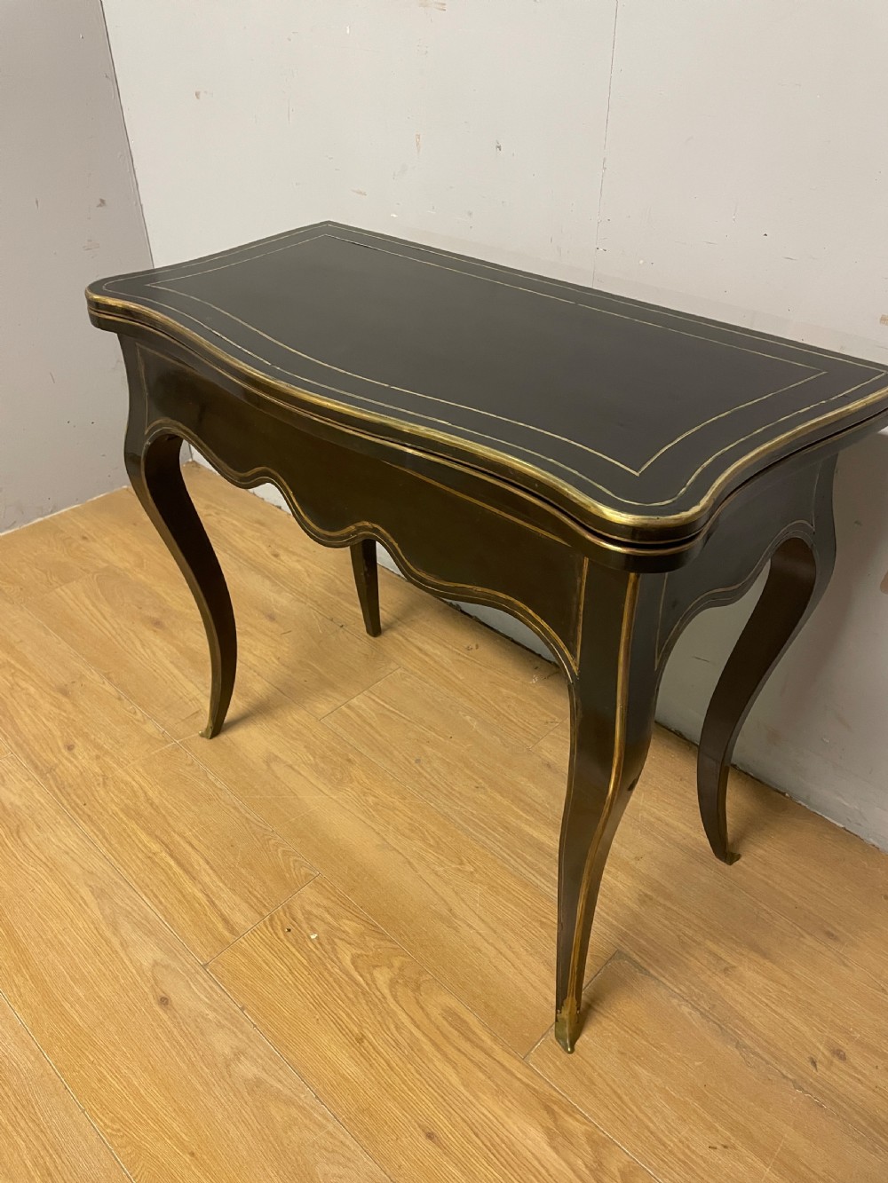 C19TH French  ebonized card table with brass inlay and moulding View II