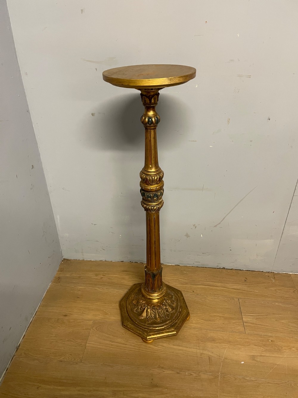 C19TH Italian giltwood and gesso carved and part painted torchere  View II