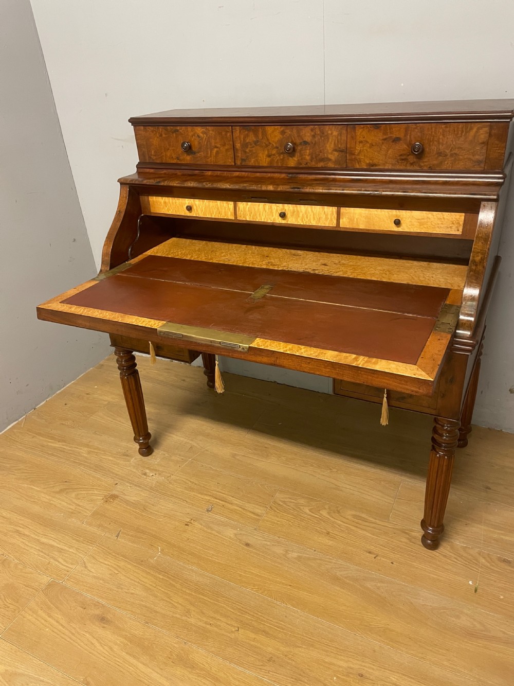 C19TH Biedermeier plum pudding mahogany cylinder desk in good original condition View VI
