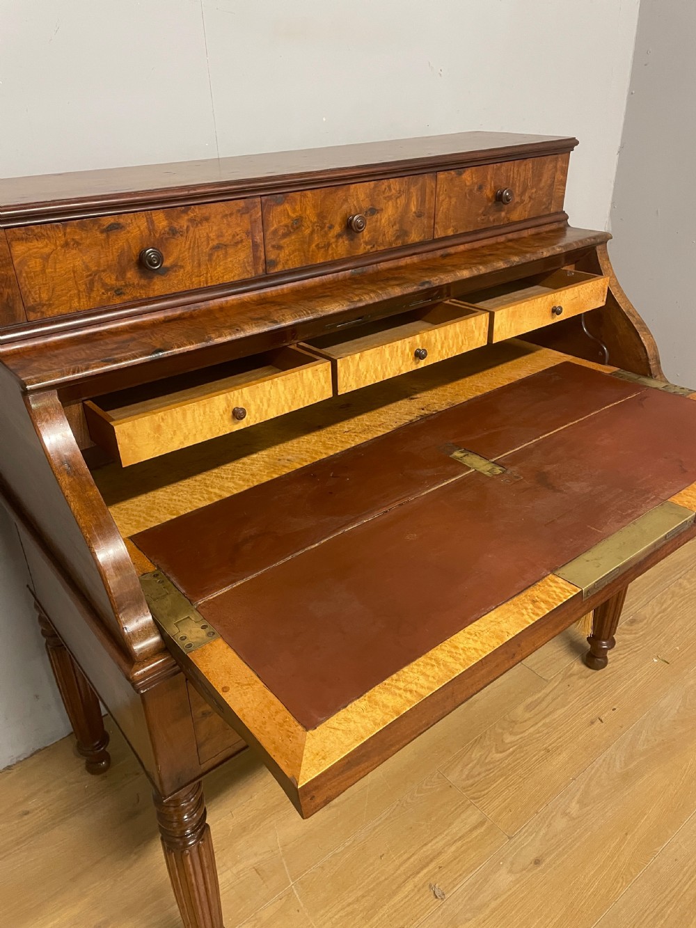 C19TH Biedermeier plum pudding mahogany cylinder desk in good original condition View VII