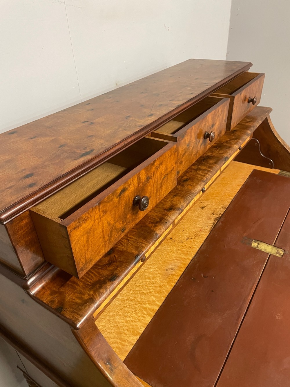C19TH Biedermeier plum pudding mahogany cylinder desk in good original condition View VIII