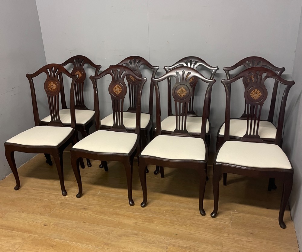 Set of eight Edwardian inlaid solid mahogany dining chairs 