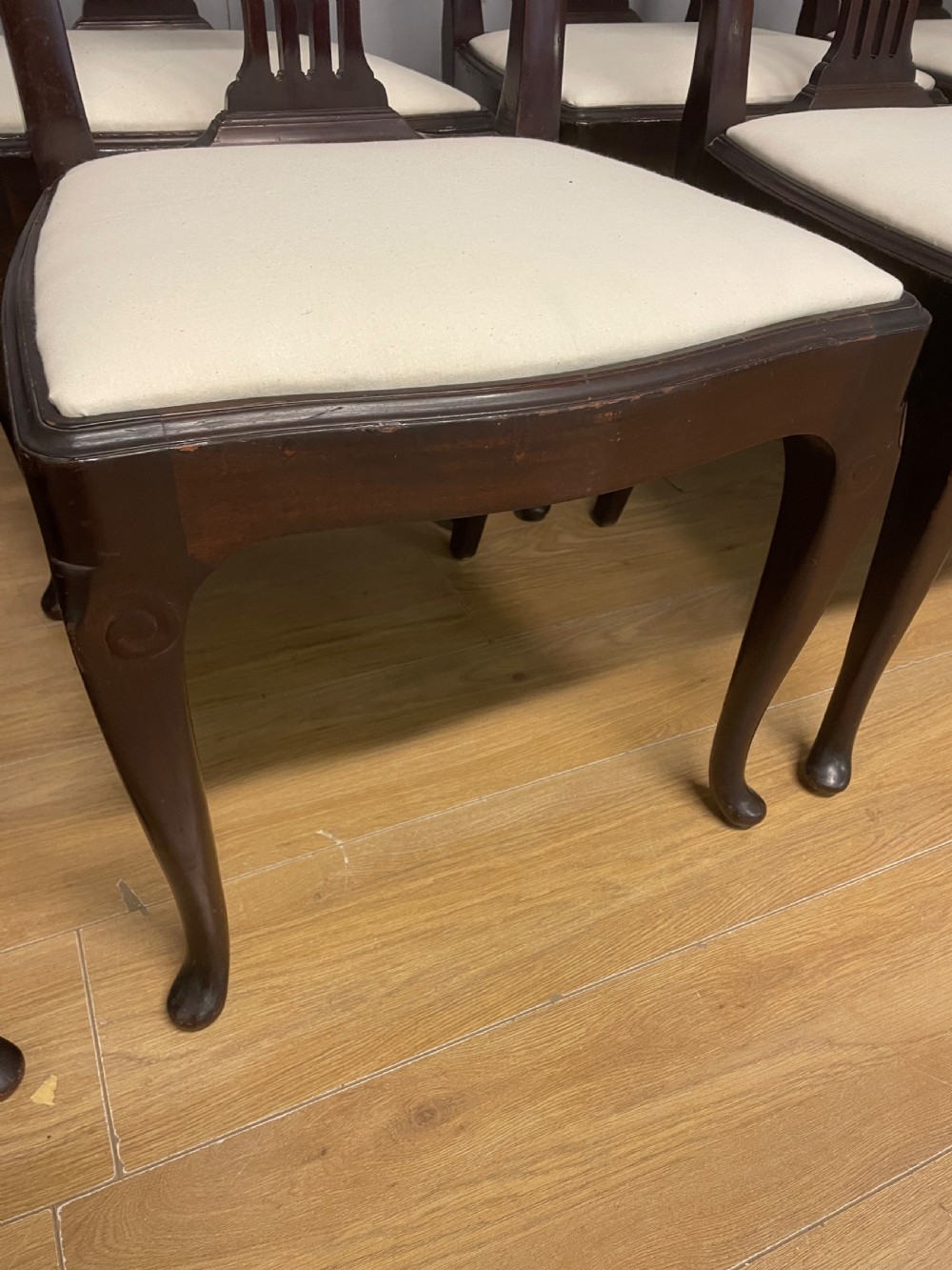 Set of eight Edwardian inlaid solid mahogany dining chairs  View III