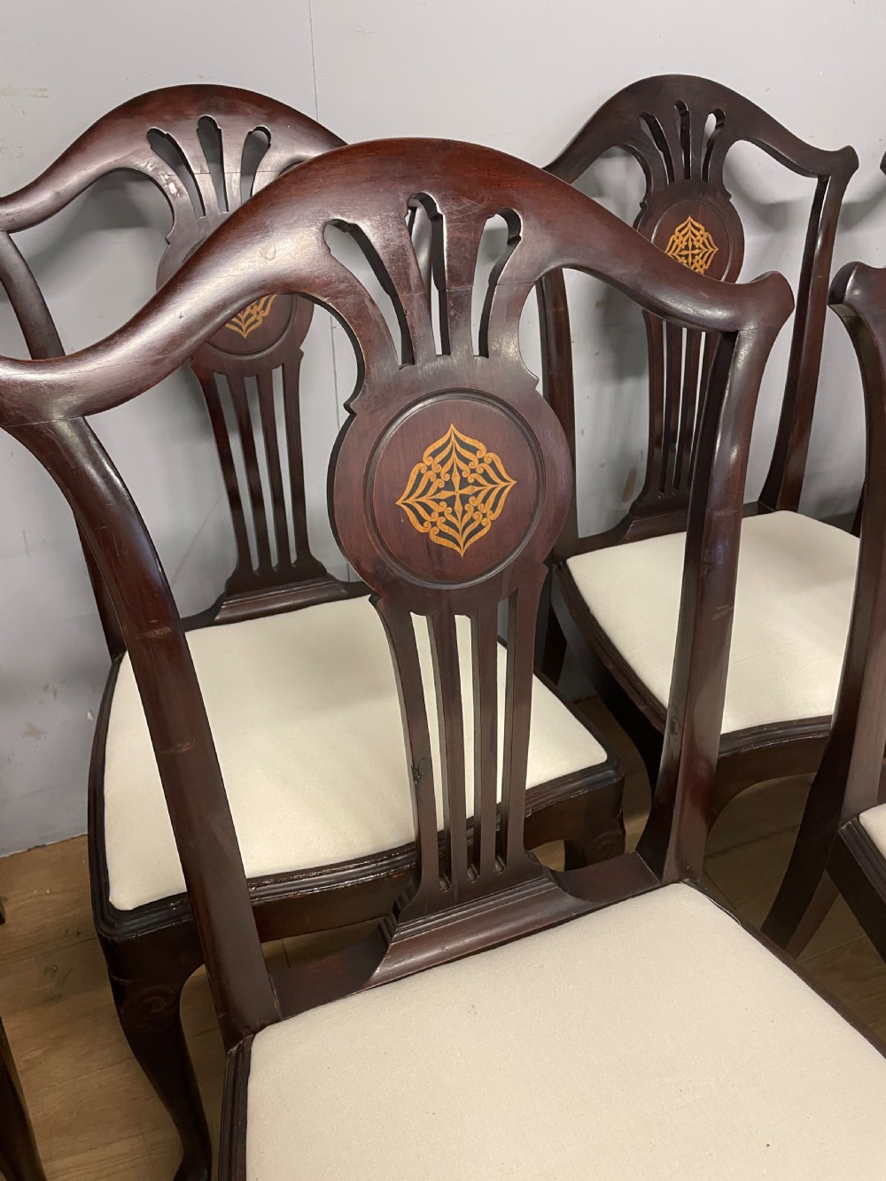 Set of eight Edwardian inlaid solid mahogany dining chairs  View IV