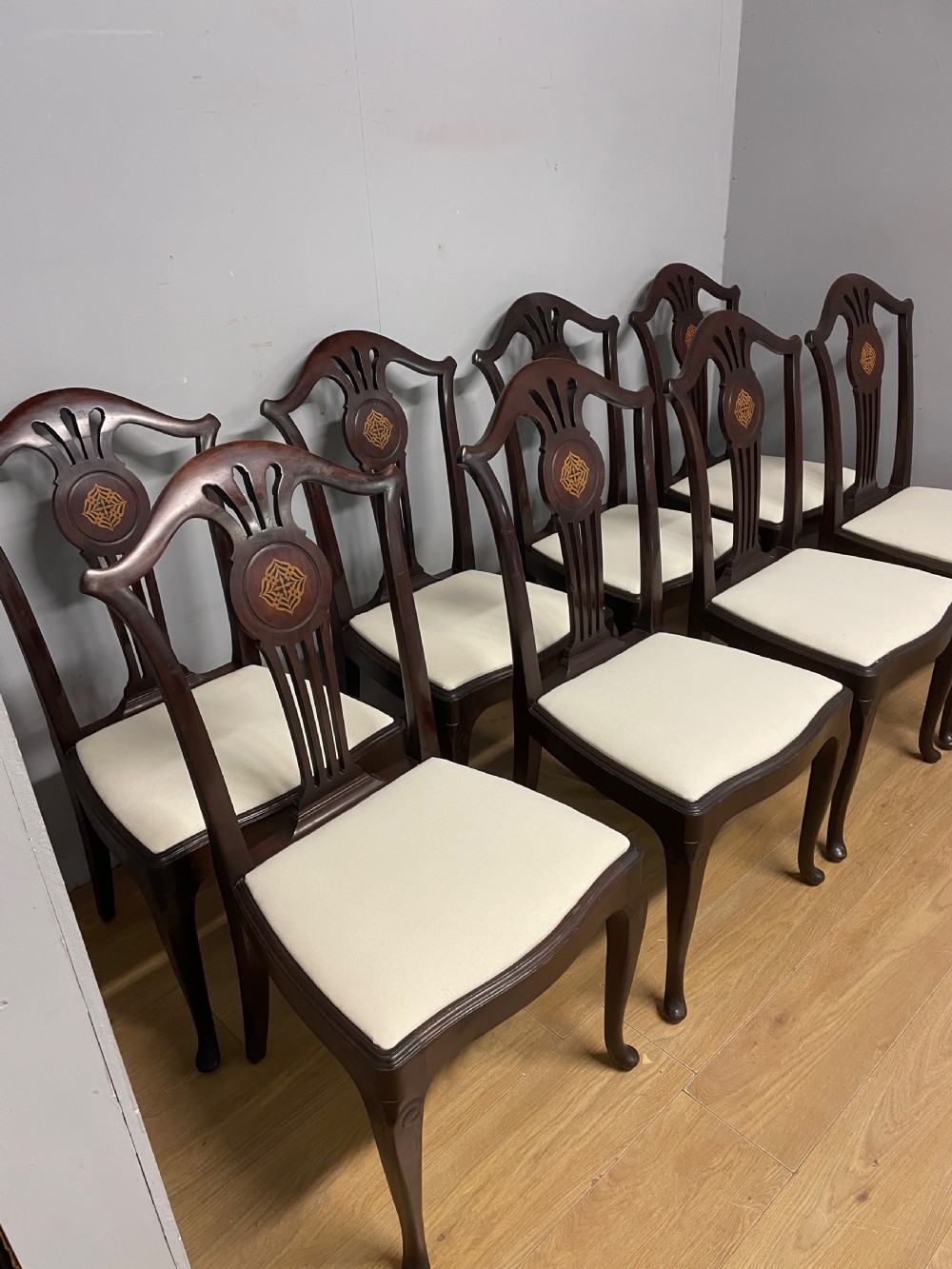 Set of eight Edwardian inlaid solid mahogany dining chairs  View V