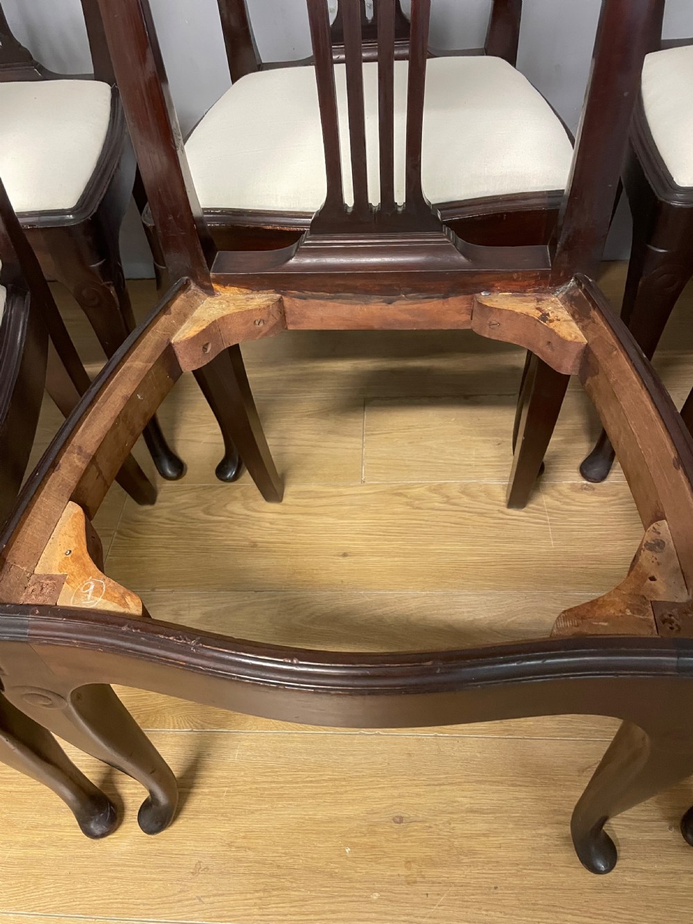Set of eight Edwardian inlaid solid mahogany dining chairs  View VI