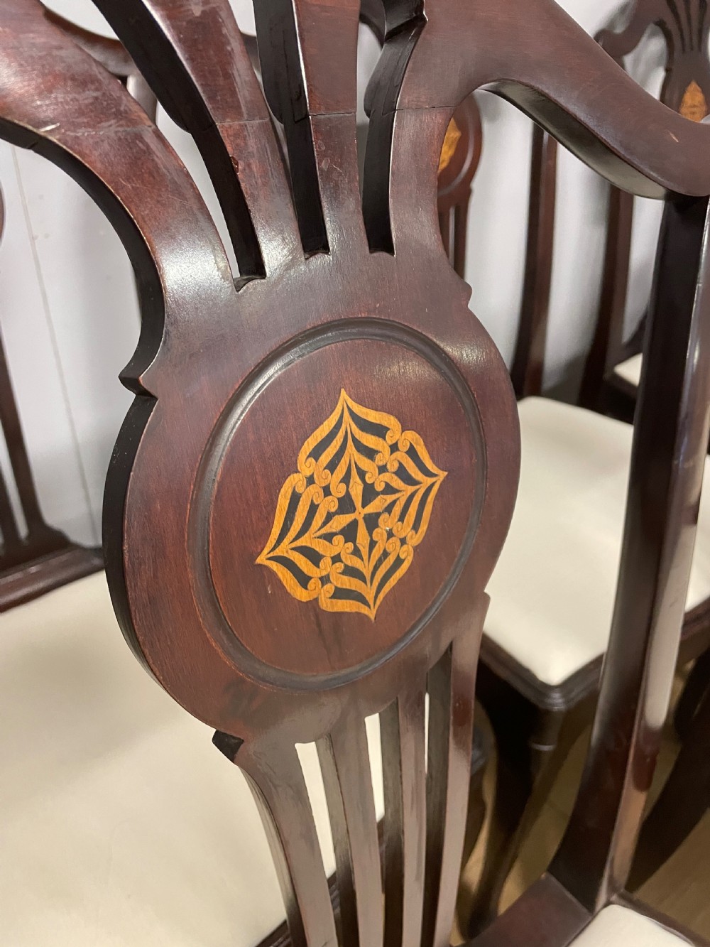 Set of eight Edwardian inlaid solid mahogany dining chairs  View VII