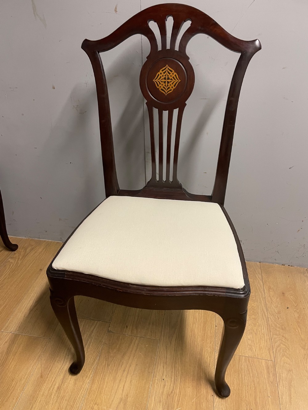 Set of eight Edwardian inlaid solid mahogany dining chairs  View VIII