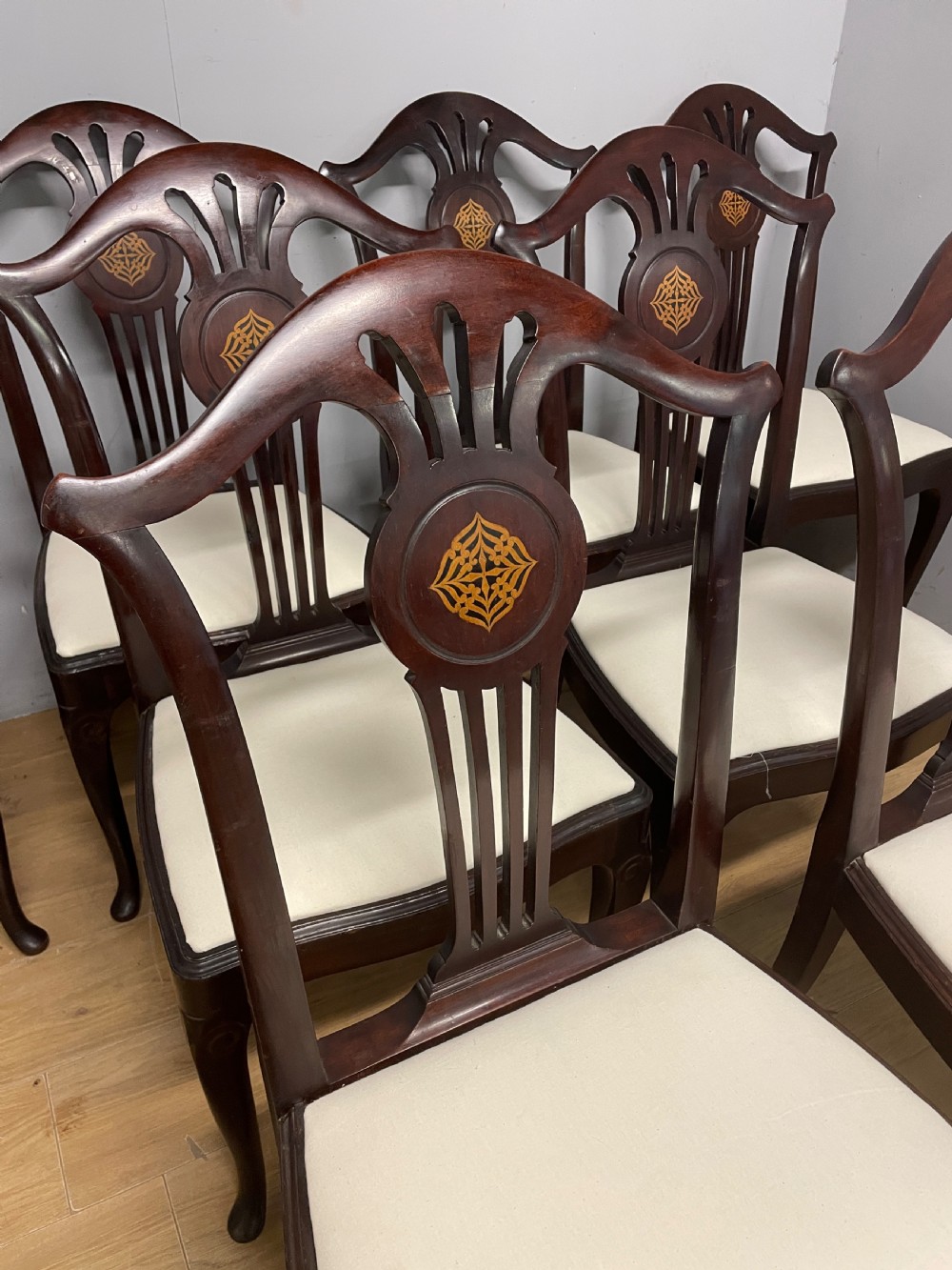 Set of eight Edwardian inlaid solid mahogany dining chairs  View XII