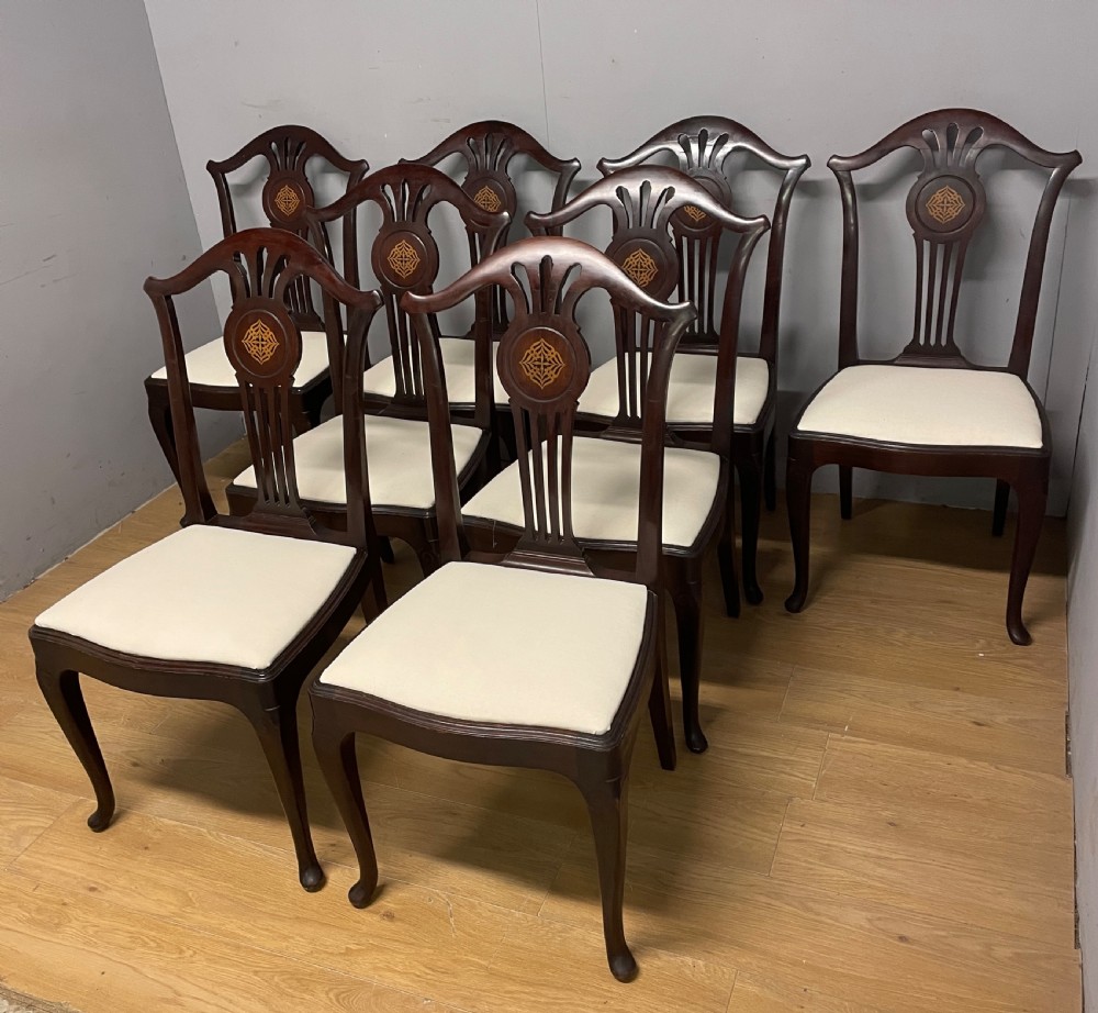 Set of eight Edwardian inlaid solid mahogany dining chairs  View XIII