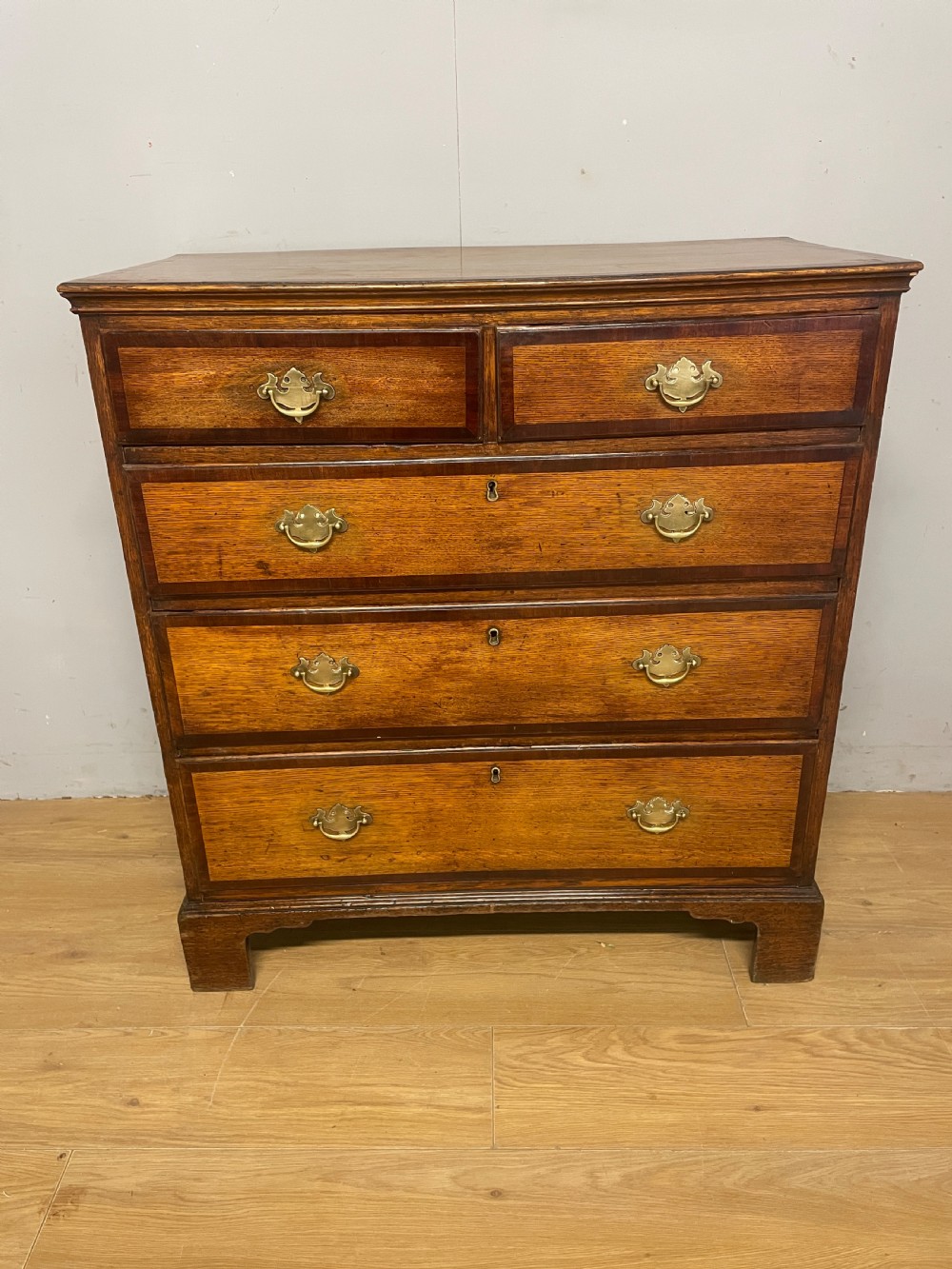 Georgian oak and cross banded mahogany four height chest of drawers circa 1790 View II