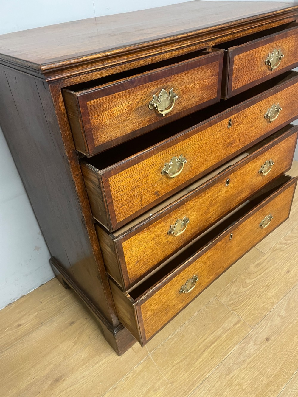 Georgian oak and cross banded mahogany four height chest of drawers circa 1790 View VII