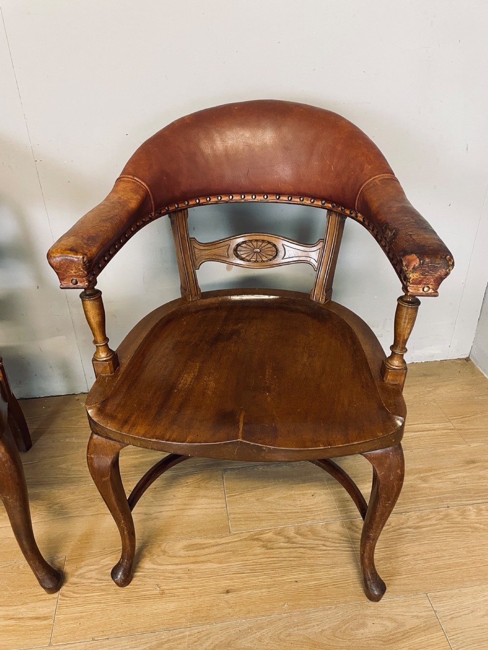 Pair of Victorian mahogany and leather library desk chairs  View IV