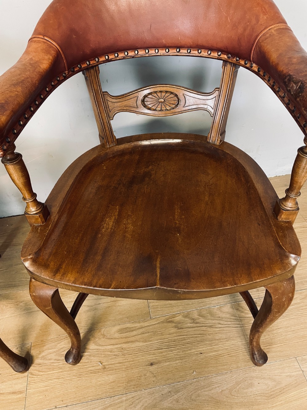 Pair of Victorian mahogany and leather library desk chairs  View VI