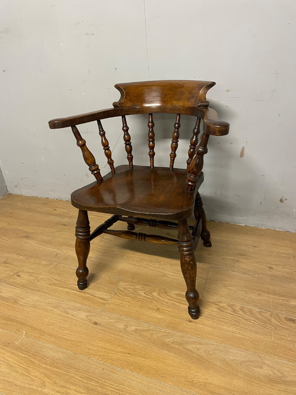 C19TH captains chair with elm seat and double h under stretcher 