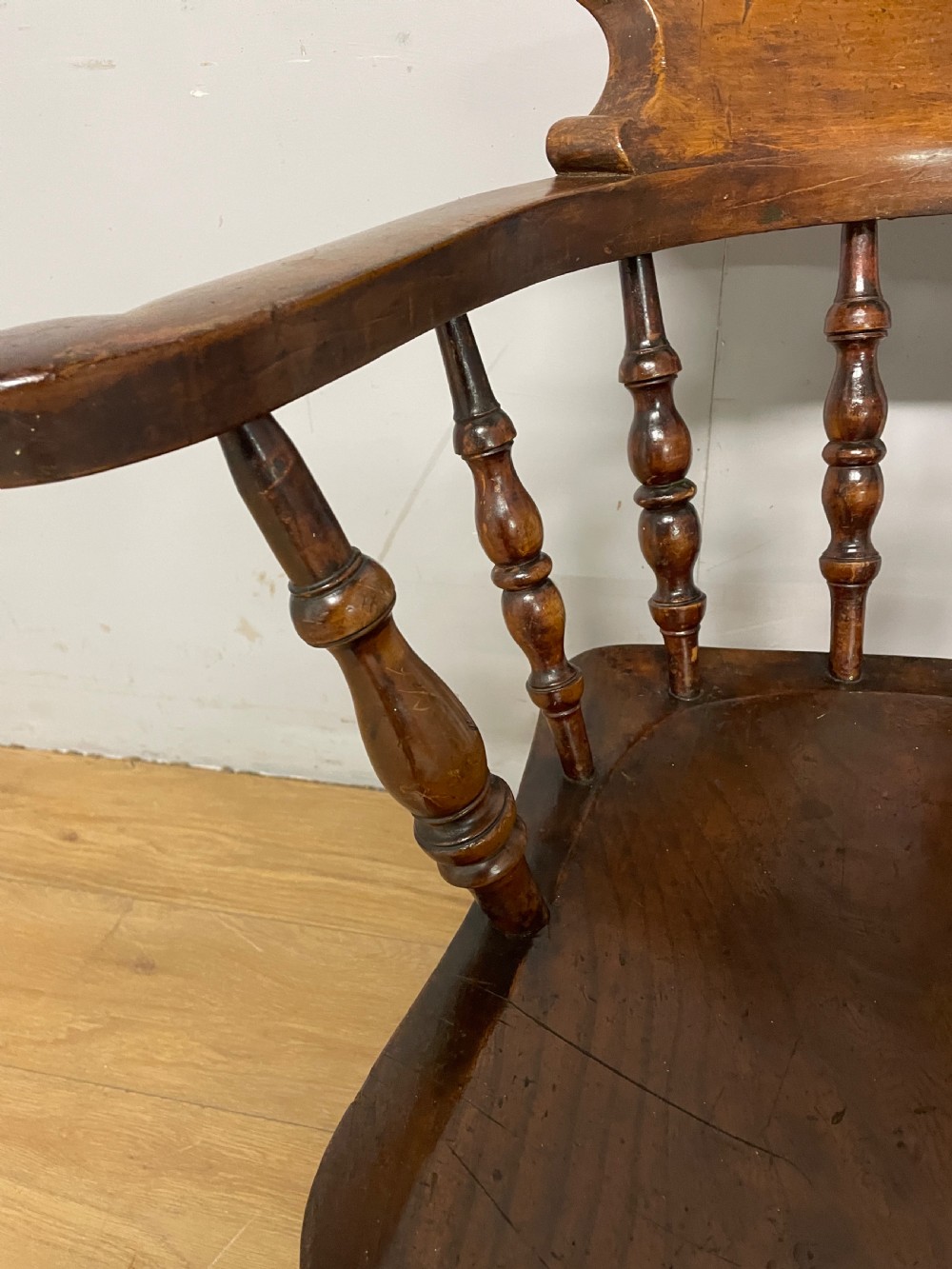 C19TH captains chair with elm seat and double h under stretcher  View V