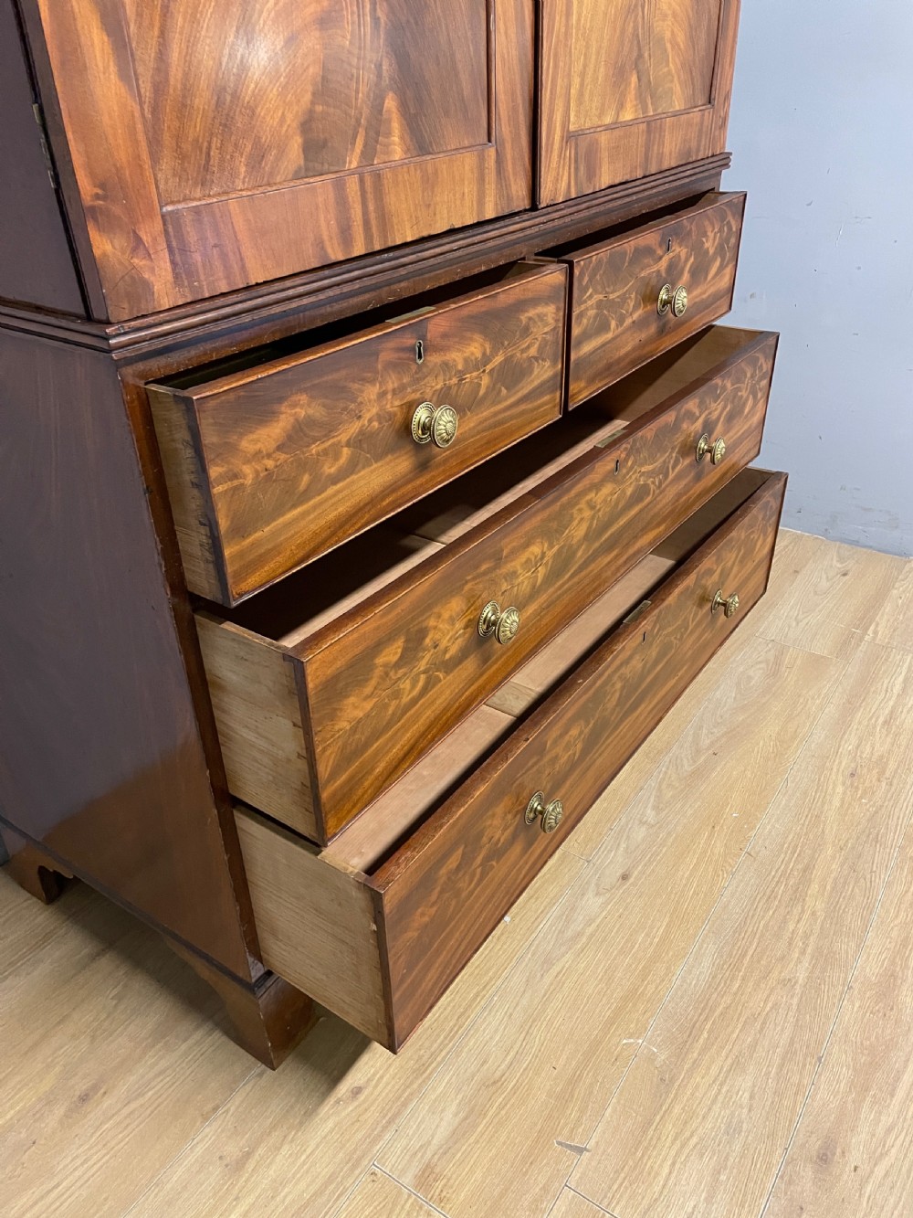 Georgian country house flame mahogany linen press -London maker  View V