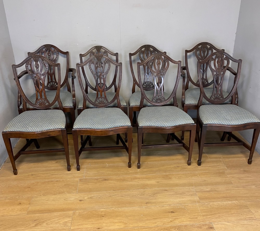 Late C19th solid mahogany set of eight Hepplewhite style dining chairs 