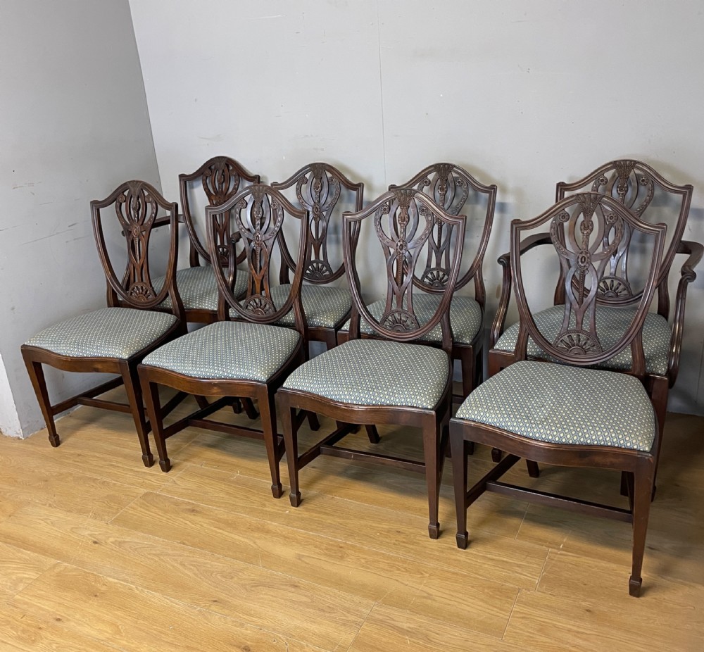 Late C19th solid mahogany set of eight Hepplewhite style dining chairs  View II