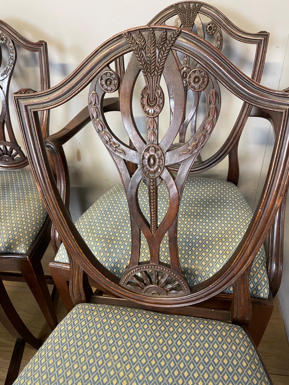 Late C19th solid mahogany set of eight Hepplewhite style dining chairs  View III