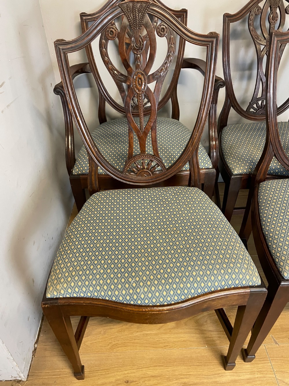 Late C19th solid mahogany set of eight Hepplewhite style dining chairs  View XIX