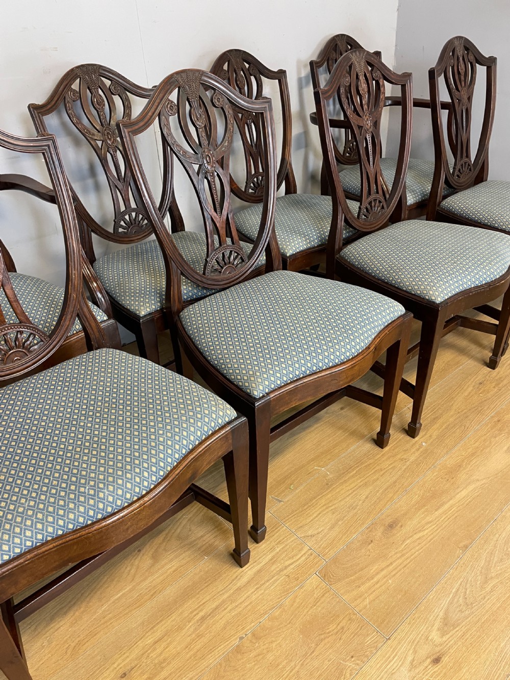 Late C19th solid mahogany set of eight Hepplewhite style dining chairs  View XX