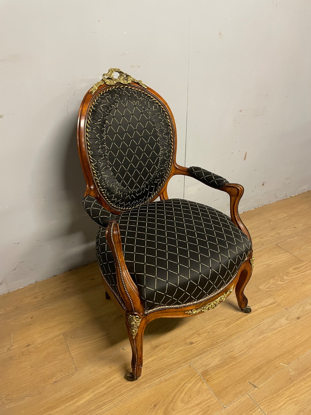 C19TH French walnut brass mounted spoon back armchair  View III